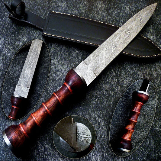 16.5" Damascus Steel Bowie Knife with Natural Wood Handle – Hand Forged Full Tang Blade