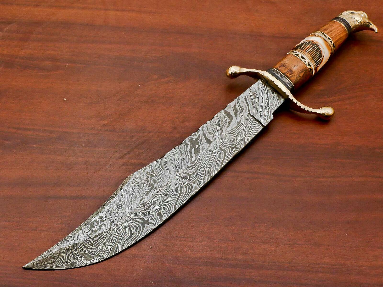 16.5" Handmade Damascus Bowie Knife Damascus Steel Knife with Wood & Camel Bone Handle