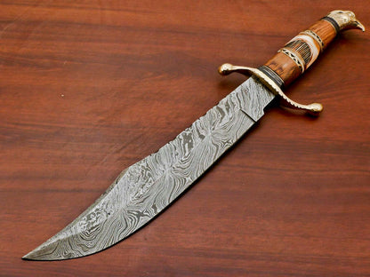 16.5" Handmade Damascus Bowie Knife Damascus Steel Knife with Wood & Camel Bone Handle