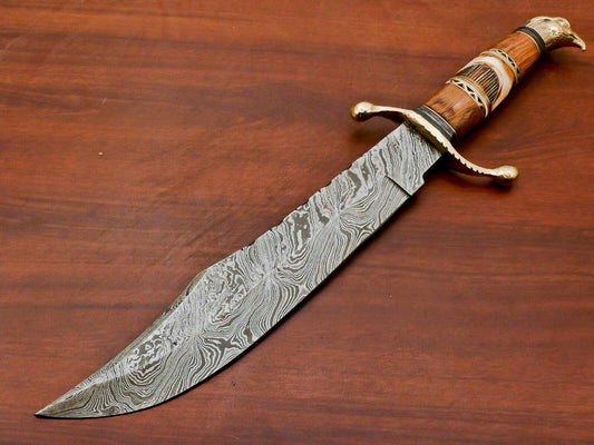 16.5" Handmade Damascus Bowie Knife Damascus Steel Knife with Wood & Camel Bone Handle