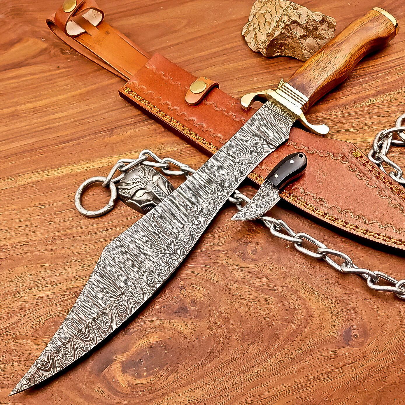 16.5 Inch Damascus Steel Bowie Knife with Wood Handle and Brass Bolster