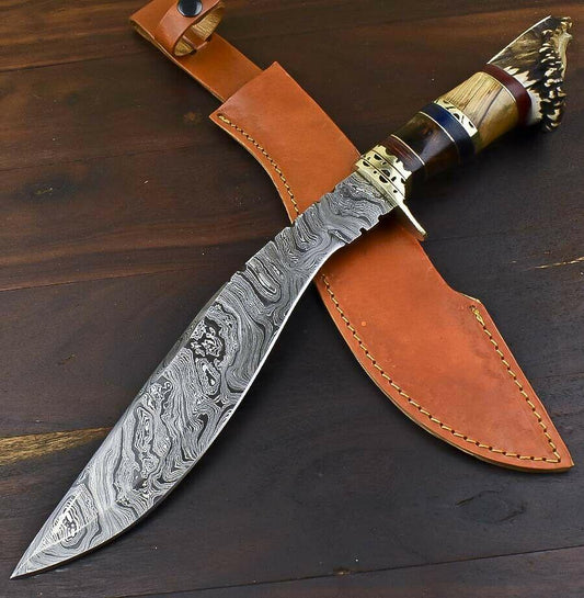 16.6" Handmade Damascus Steel Bowie Knife with Crown Antler Handle