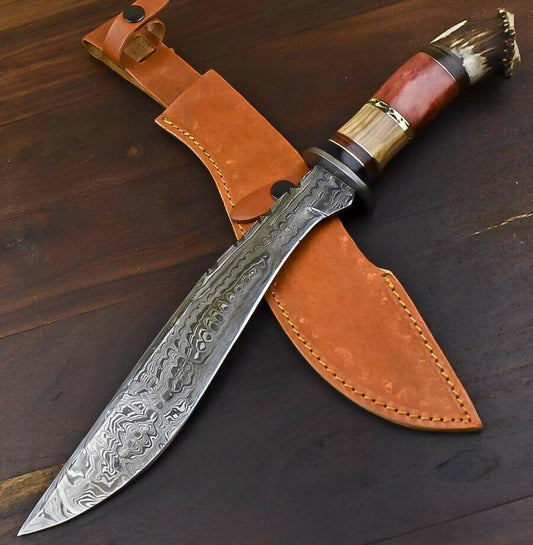  16" Crown Antler Damascus Steel Bowie Knife | Handmade by Heritage Forge