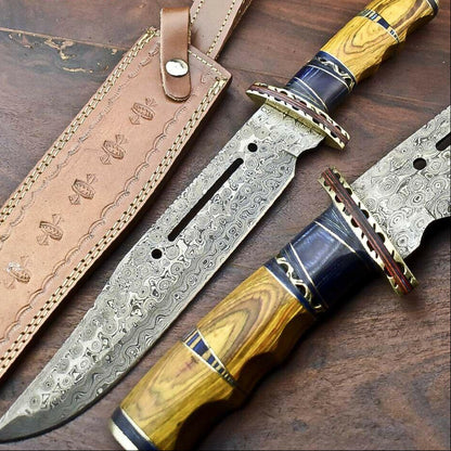 16" Custom Damascus Bowie Knife Damascus Steel Knife with Hardwood Handle & Sheath