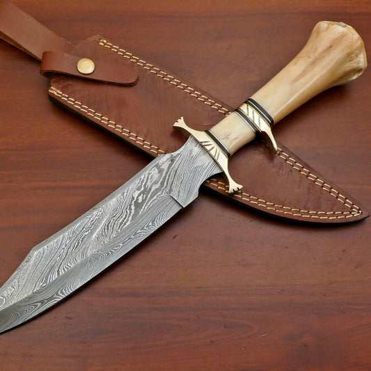 16" Custom Damascus Steel Sub-Hilt Bowie Knife – Camel Bone & Brass Guard