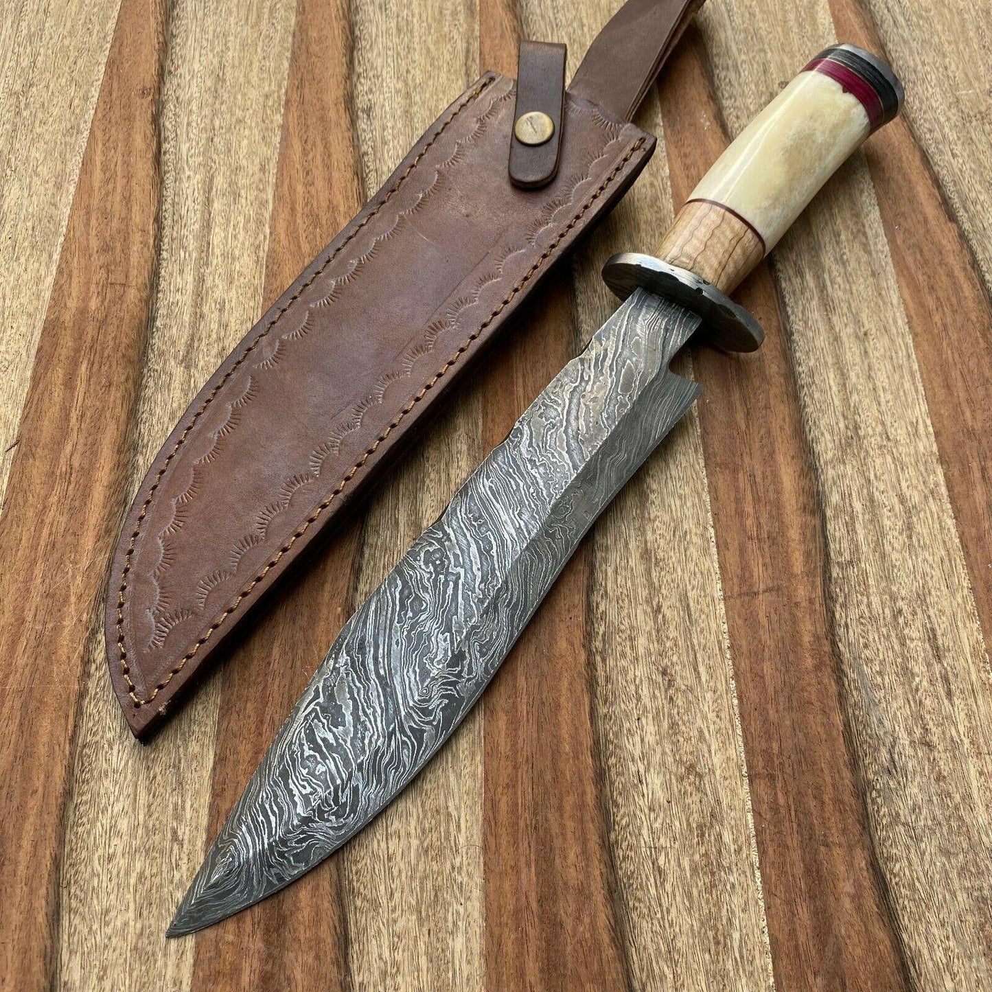 16" Custom Hand Forged Damascus Steel Knife Damascus Bowie Knife With Leather Sheath 