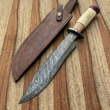 16" Custom Hand Forged Damascus Steel Knife Damascus Bowie Knife With Leather Sheath 