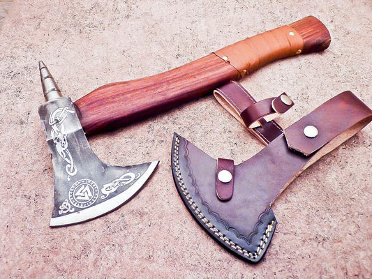 16” Custom Hand Forged Steel Axe Bearded Hatchet with Wood Handle & Leather Sheath