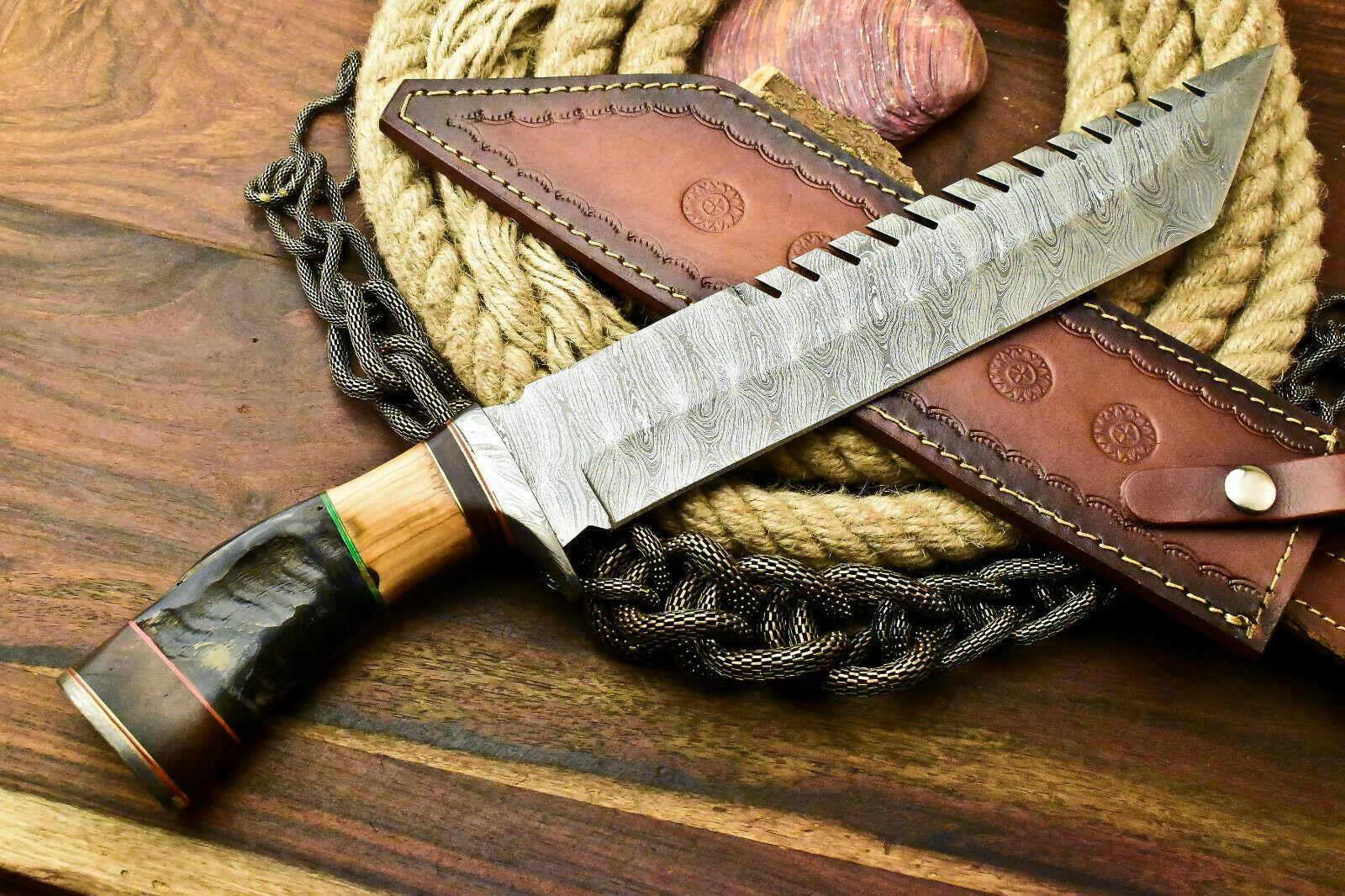 16" Custom Handmade Damascus Bowie Knife Damascus Steel Knife With Ram’s Horn Handle