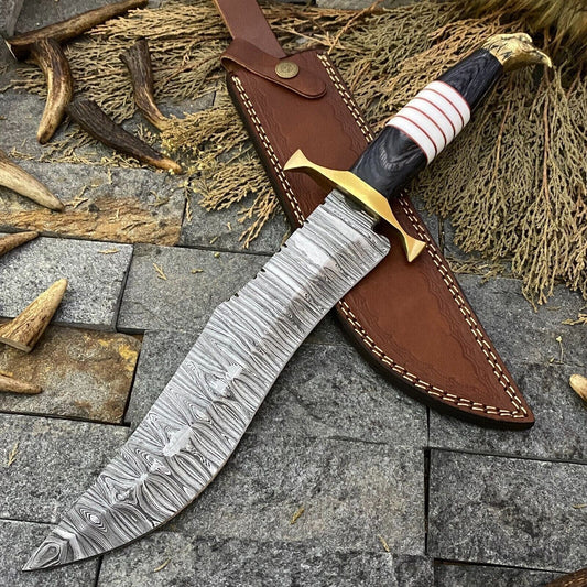16" Custom Handmade Damascus Steel Big Bowie Hunting Knife – Brass & Wood Handle with Sheath