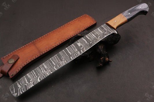 16" Custom Handmade Fire Damascus Steel Brisket Knife – Chef & Kitchen Knife with Camel Bone and Wood Handle