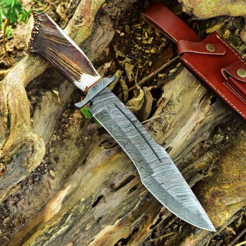 16" Custom Handmade Forged Damascus Steel Hunting Bowie Knife | Deer Stag Crown Handle & Leather Sheath