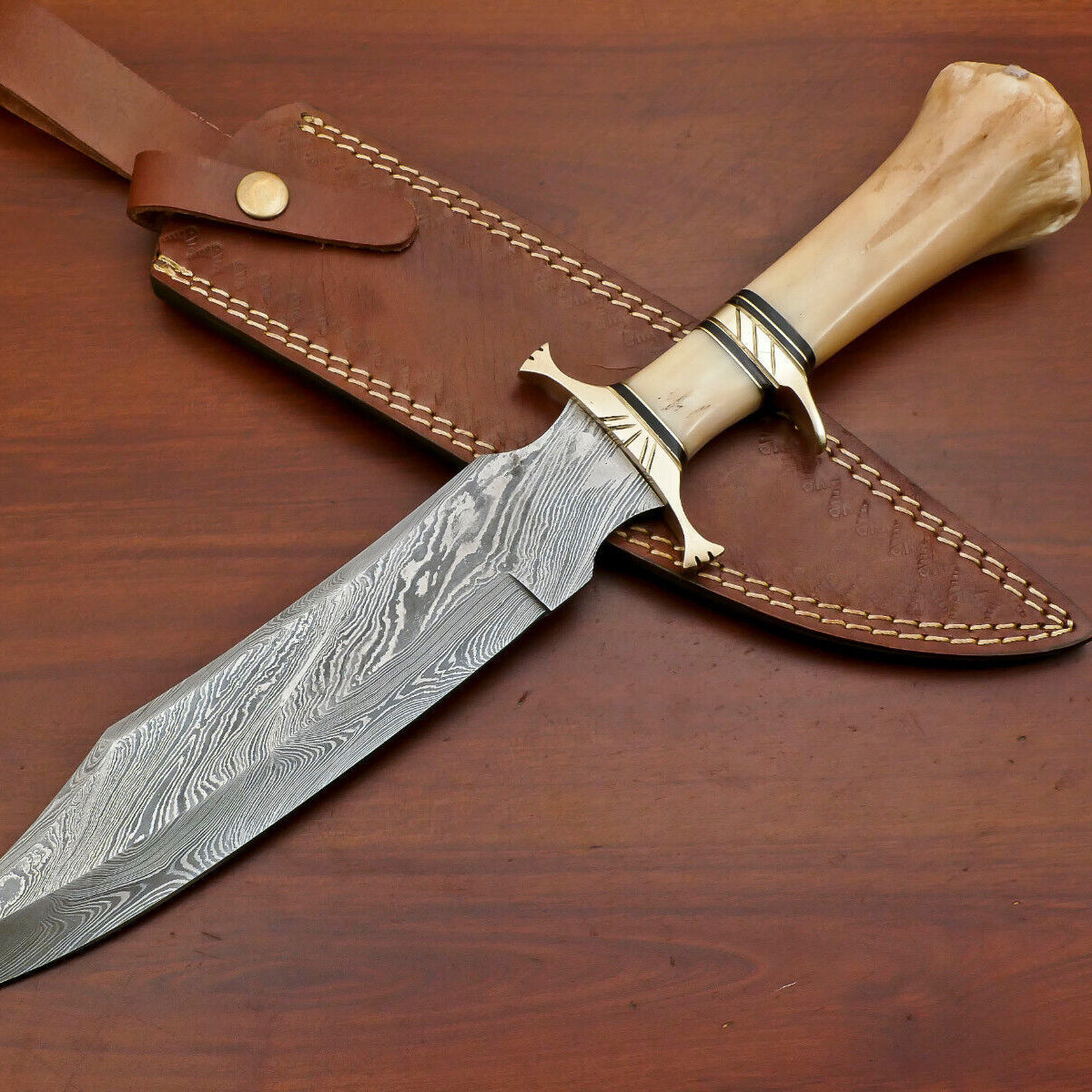 16" Damascus Bowie Knife Damascus Steel Knife with Camel Bone Handle & Leather Sheath