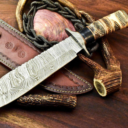 16” Damascus Bowie Knife | Engraved Camel Bone Handle & Leather Sheath