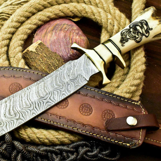 16" Damascus Bowie Knife – Laser Etched Blade & Stained Camel Bone Handle