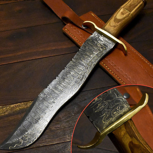  16" Damascus Bowie Knife – Olive Wood Handle with Leather Sheath