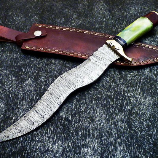  16" Damascus Bowie Knife – Stained Bone & Wood Handle with Leather Sheath