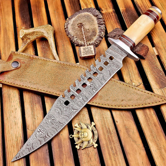 16" Damascus Steel Bowie Knife | Bone Handle & Sheath