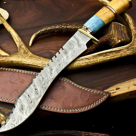  16" Damascus Steel Bowie Knife | Camel Bone Handle & Leather Sheath