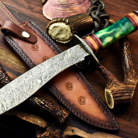16" Damascus Steel Bowie Knife | Camel Bone Handle with Leather Sheath