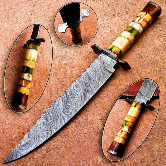 16" Damascus Steel Bowie Knife with Stained Camel Bone & Hardwood Handle – Full Tang Hunting Blade