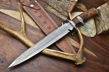 16" Hand Forged Bowie Sub Hilt Damascus Steel Knife With Wood Handle & Leather Sheath 