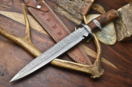 16" Hand Forged Bowie Sub Hilt Damascus Steel Knife With Wood Handle & Leather Sheath 