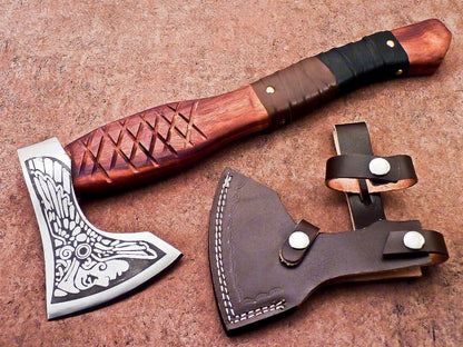 16" Hand Forged Carbon Steel Axe Bearded Hatchet Viking Bearded Axe with Wood Handle