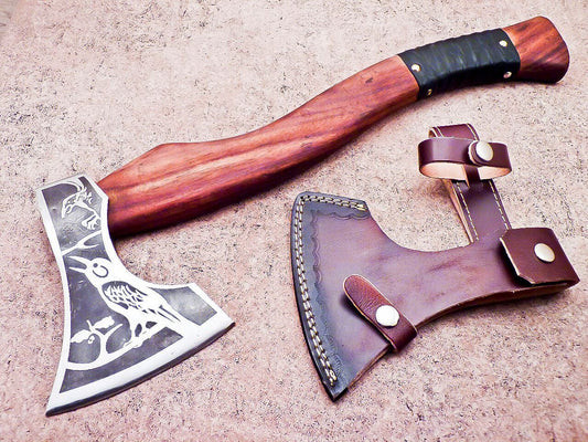 16” Hand Forged Carbon Steel Axe Viking Bearded Axe with Olive Wood Handle & Sheath