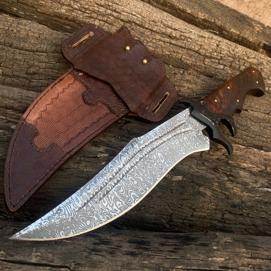 16" Hand Forged Damascus Steel Bowie Hunting Knife | Rosewood Handle + Leather Sheath