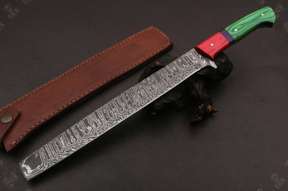 16" Hand Forged Fire Damascus Steel Brisket Chef Knife  with Wood Handle