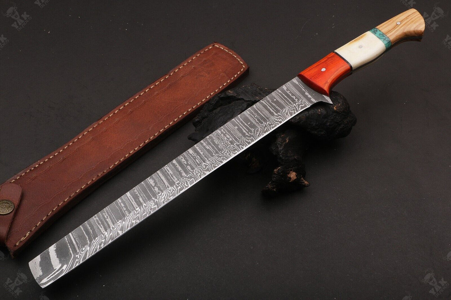 16" Hand Forged Fire Damascus Steel Brisket and Chef Knife Custom Chef Knife With Sheath