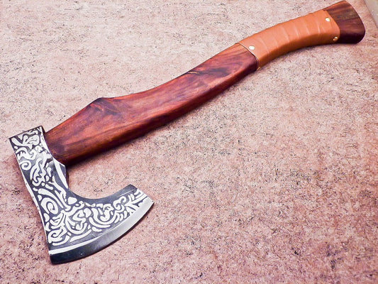 16” Hand Forged Steel Axe Camping Bearded Hatchet with Wood Handle & Leather Sheath