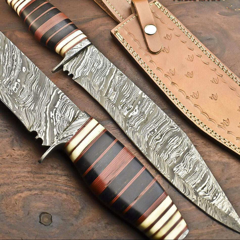 16" Handmade Custom Bowie Knife Damascus Steel Knife with Hardwood Handle & Sheath