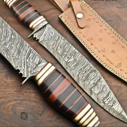 16" Handmade Custom Bowie Knife Damascus Steel Knife with Hardwood Handle & Sheath