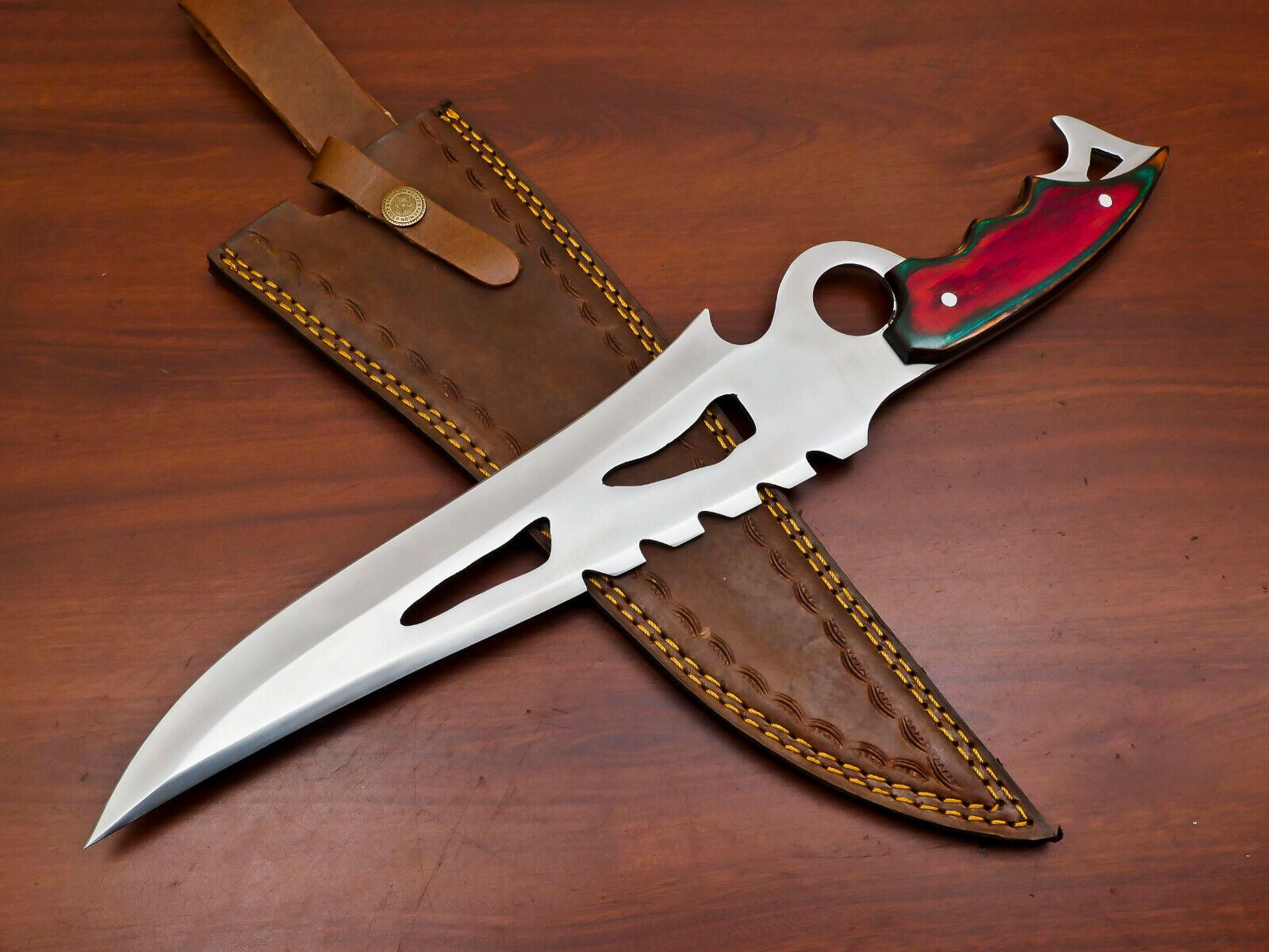 16 Inch Handmade D2 Steel Full Tang Bowie Hunting Knife with Pakka Wood Handle & Leather Sheath