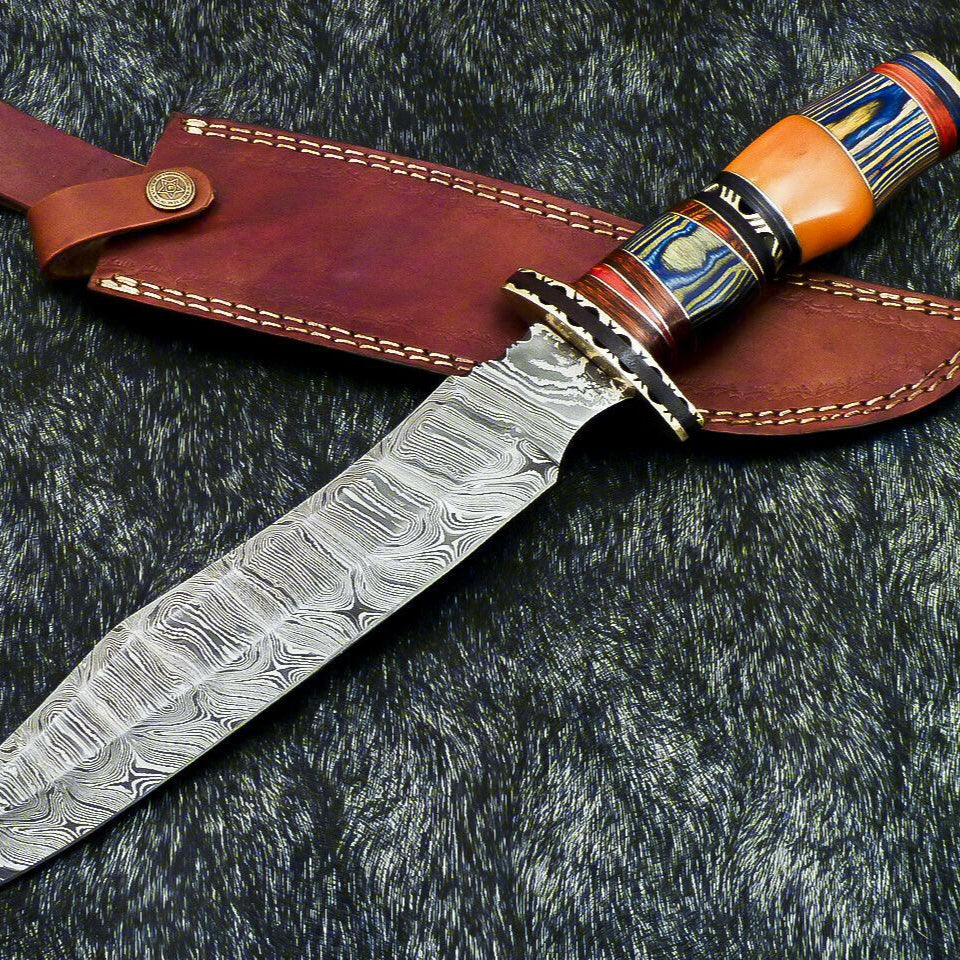16” Handmade Damascus Bowie Knife | Hardwood Handle & Leather Sheath