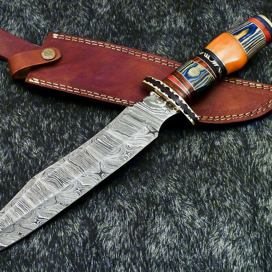 16” Handmade Damascus Bowie Knife | Hardwood Handle & Leather Sheath