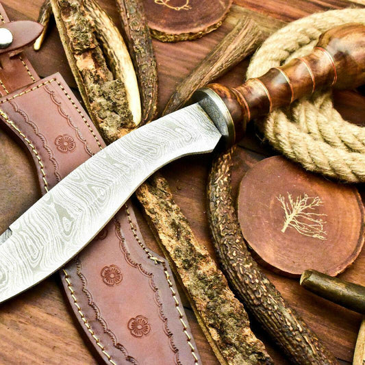 16" Handmade Damascus Bowie Knife with Walnut Wood Handle & Leather Sheath