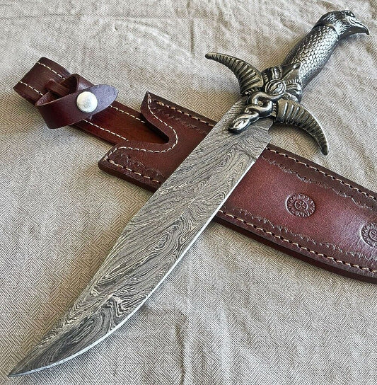 16" Handmade Damascus Steel Bowie Knife with Pewter Handle & Sheath 