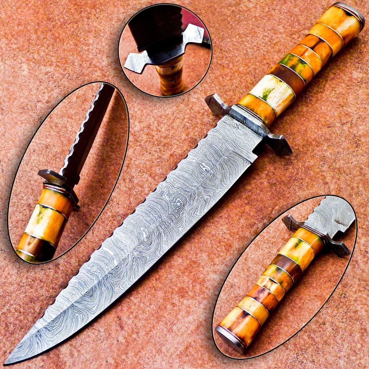 16" Handmade Damascus Steel Camping Bowie Knife – Stained Camel Bone Handle