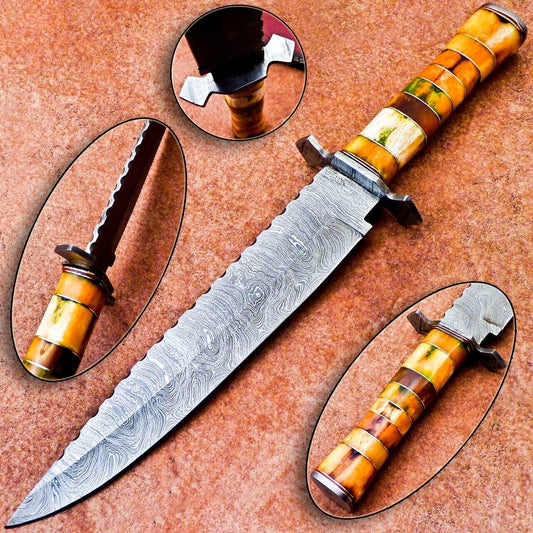 16" Handmade Damascus Steel Camping Bowie Knife – Stained Camel Bone Handle