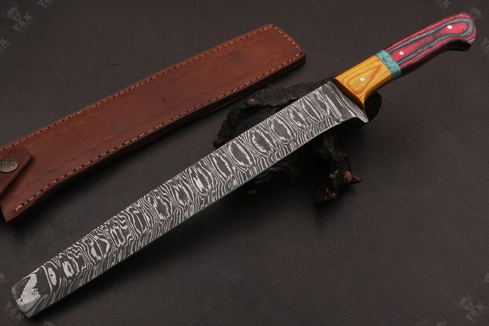 16" Handmade Fire Damascus Steel Brisket and Chef Knife With Wood Handle