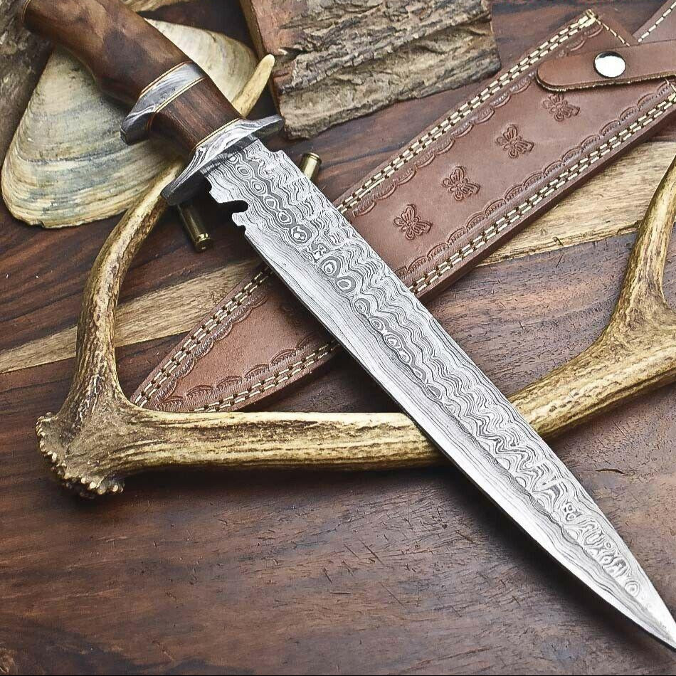 16" Handmade Sub-Hilt Damascus Steel Bowie Knife – Wood Handle