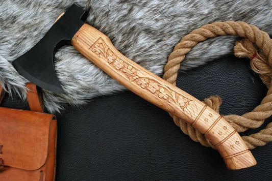 16" Handmade Viking Throwing Axe Carbon Steel Axe with Wood Handle & Leather Sheath