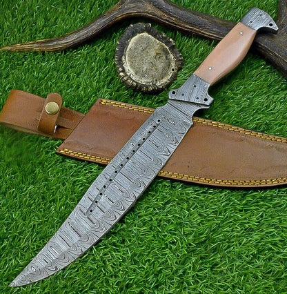 16 Inch Custom Damascus Steel Bowie Knife with Resin Handle and Damascus Bolster