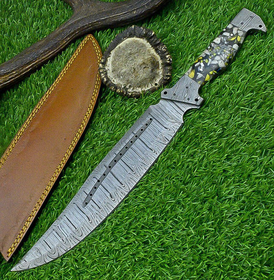 16 Inch Custom Forged Damascus Bowie Knife with Resin Handle and Damascus Bolster