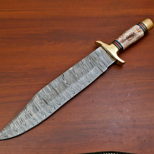 16 Inch Custom Hand Forged Damascus Steel Bowie Hunting Knife with Camel Bone Handle