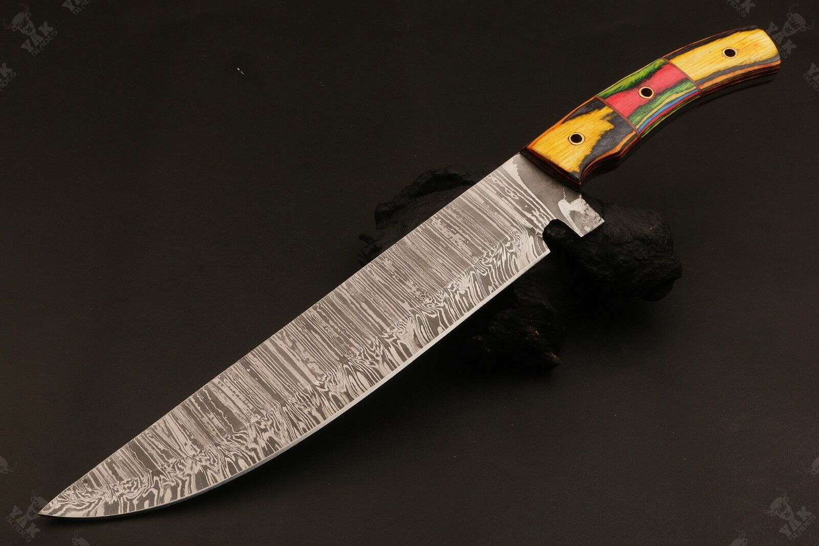 16 Inch Custom Handmade Fire Damascus Bowie Knife with Wood Handle by Heritage Forge
