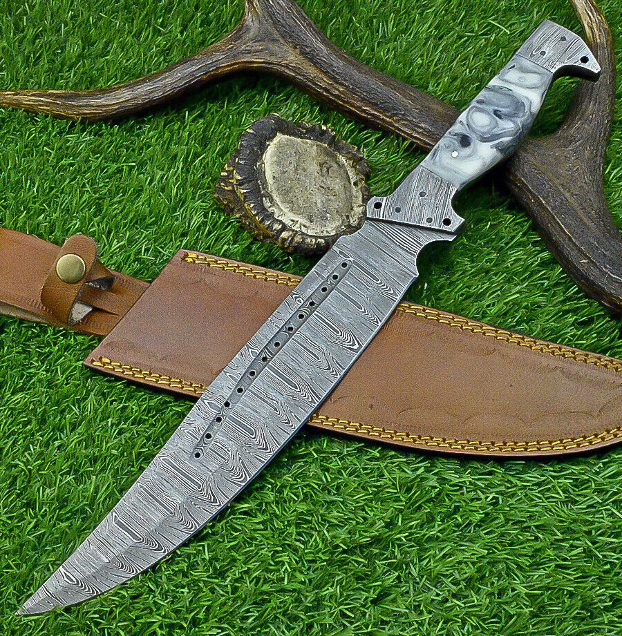 16 Inch Damascus Bowie Knife with Resin Handle and Forged Damascus Bolster for Hunting and Camping